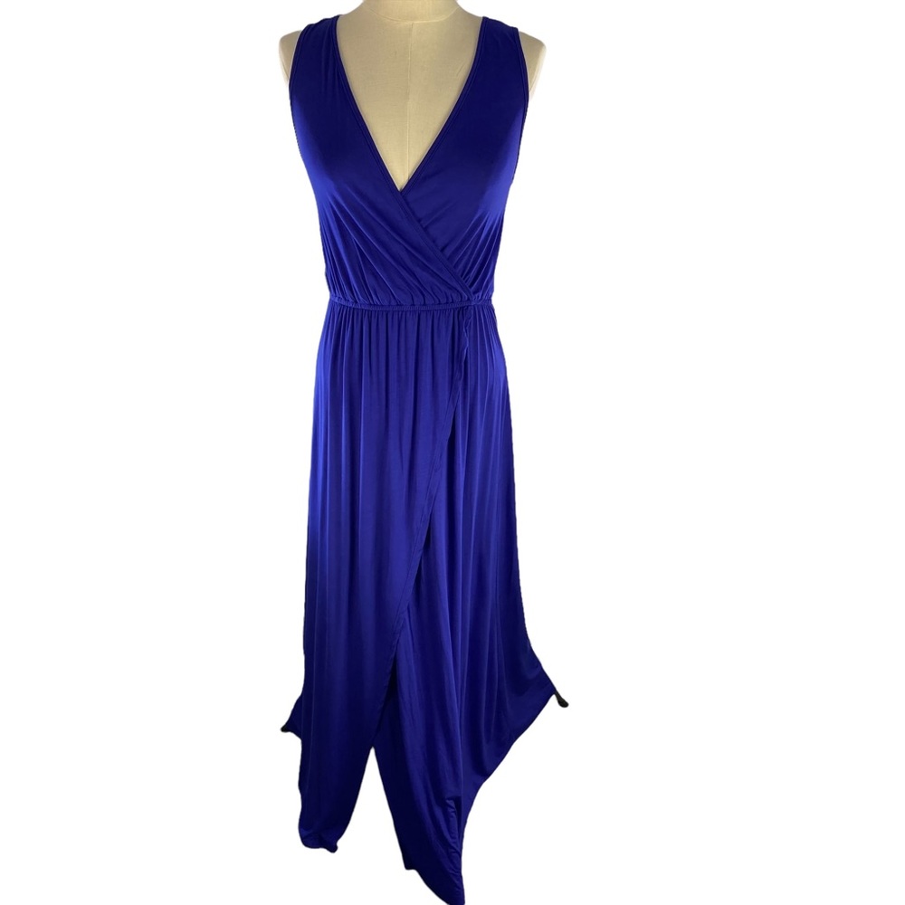 American Rose Jersey Maxi Dress Fits Small Navy Cinched Waist V-Neck Sleeveless